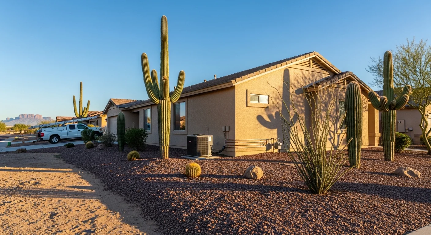Residential home in Mesa with desert landscaping and clear Arizona sky in background.