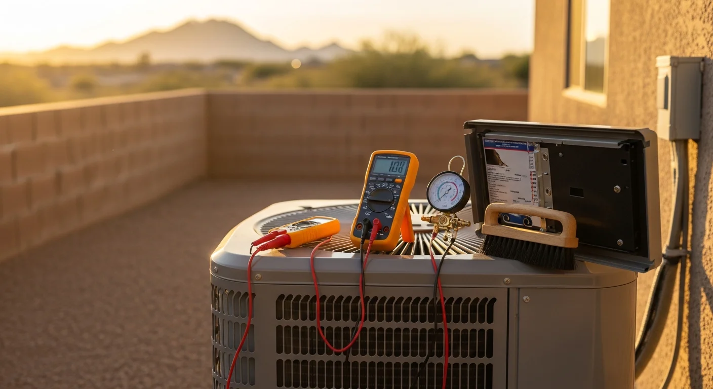 An AXIS Air Conditioning technician inspecting and cleaning the condenser coils on a residential outdoor AC unit in Mesa, Arizona. The unit sits on a concrete pad beside a stucco home under a clear desert sky.