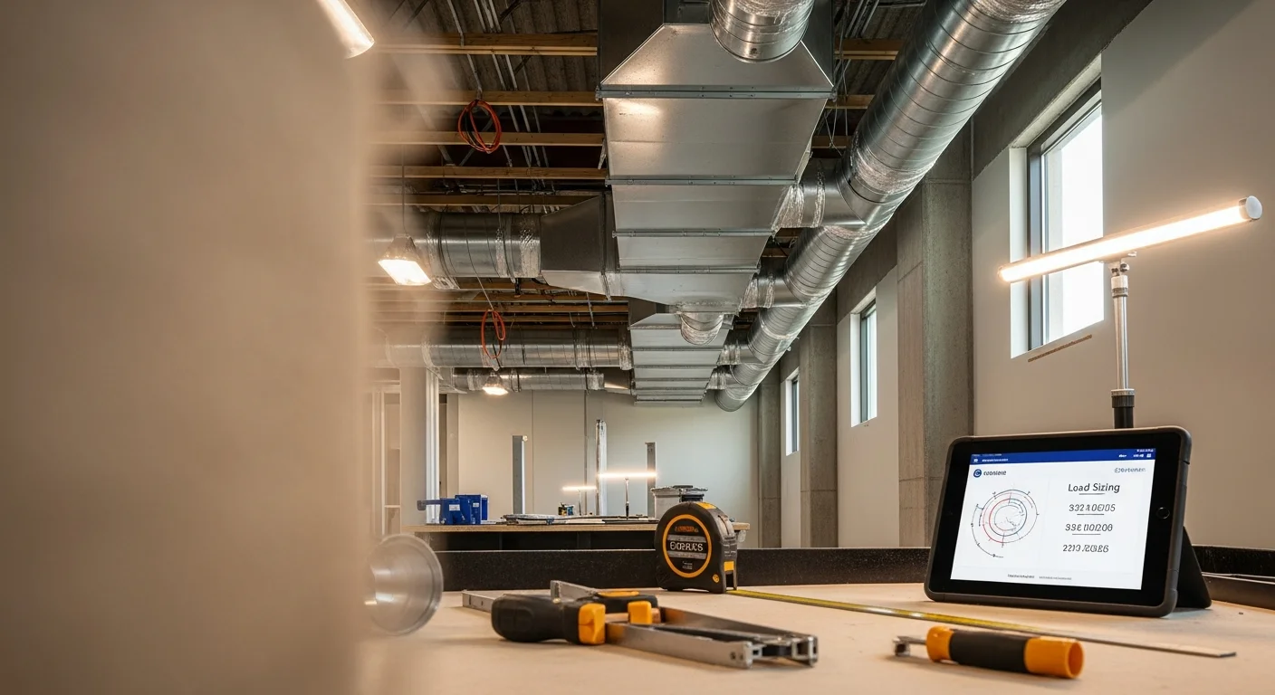A commercial HVAC technician inspecting sealed sheet metal ductwork inside the ceiling cavity of a Mesa office building. Rooftop unit supply connections and insulated duct runs are visible overhead.