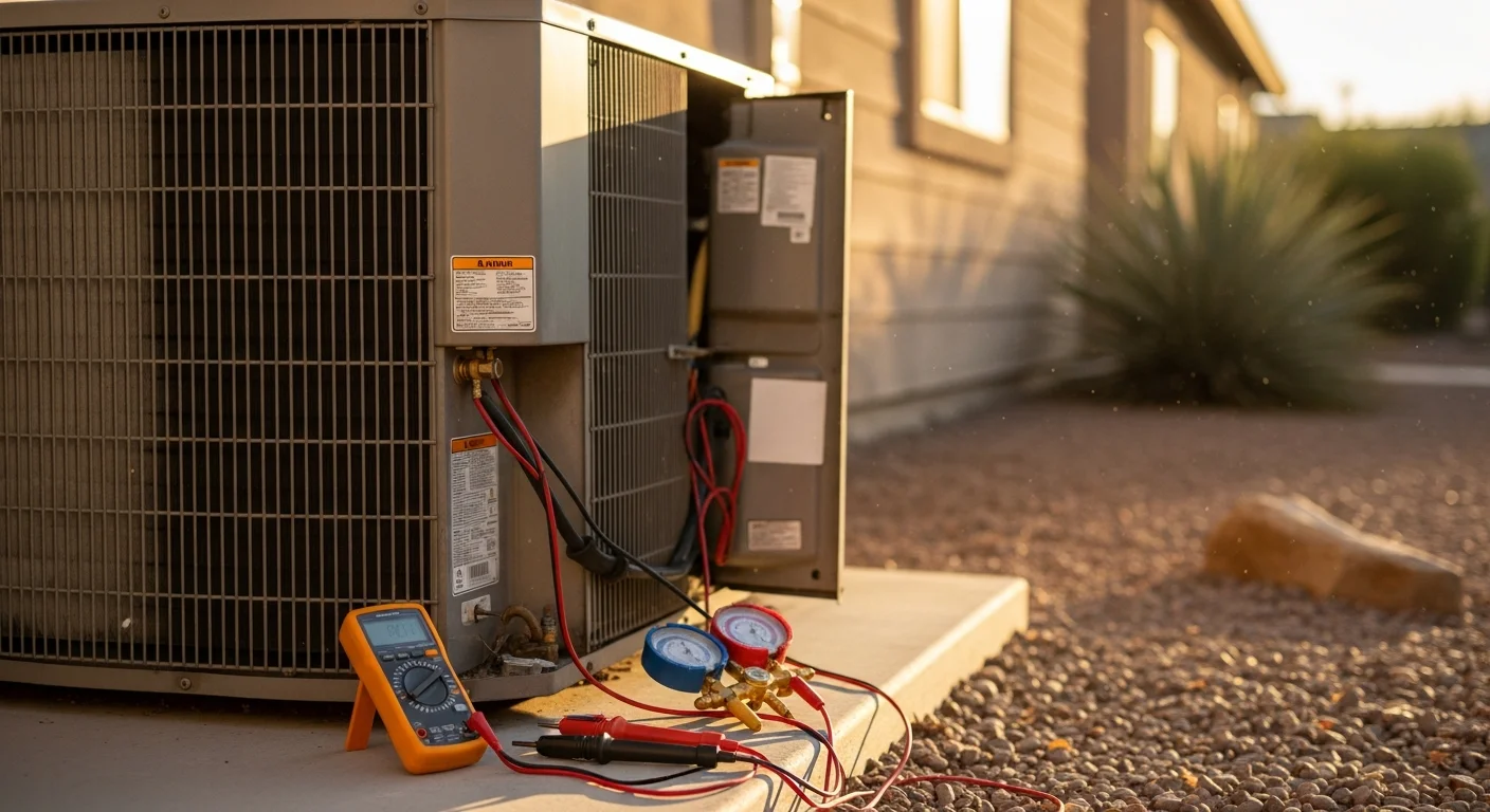 An AXIS Air Conditioning technician inspecting an outdoor AC condenser unit at a Mesa, Arizona residential home during summer. The technician uses diagnostic equipment to assess the system while the desert landscape is visible in the background.
